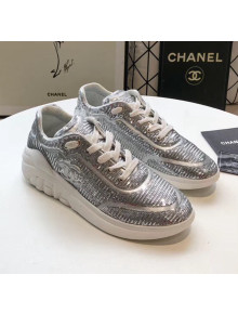 Chanel CC Logo Sequins & Leather Sneakers G35936 Silver 2020