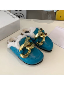 JW Anderson Calfskin Fur Chain Mules Blue 2021