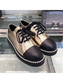 Chanel Metallic Crinkle Pearls Lace-ups Sneakers G32357 Gold 2019