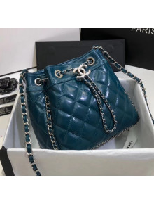 Chanel Aged Calfskin Drawstring Bag With Chain Edge AS1803 Blue 2020