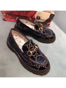 Gucci GG Velvet Horsebit Lug Sole Loafers 583346 Blue 2019