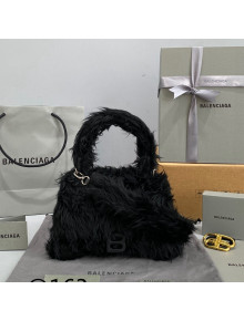 Balenciaga Hourglass Mini Top Handle Bag in Black Rabbit Fur 2021