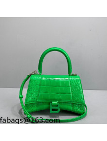 Balenciaga Hourglass Small Top Handle Bag in Shiny Crocodile Leather All Green 2021