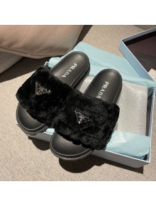 Prada Wool Flat Mule Sandals Black 2021