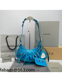 Balenciaga Le Cagole XS Shoulder Bag in Crocodile Embossed Calfskin Blue/Aged Silver 2021