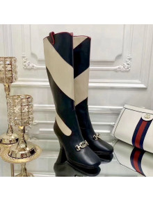 Gucci Zumi Horsebit Diagonal Stripe Mid-Heel Knee High Boot 575840 Black/Beige 2019