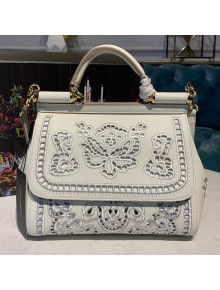 Dolce&Gabbana DG Medium Sicily Top Handle Bag in Intaglio Lace and Leather White 2019