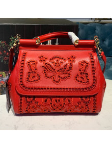 Dolce&Gabbana DG Medium Sicily Top Handle Bag in Intaglio Lace and Leather Red 2019