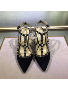 Valentino Rockstud Suede Ankle Heel Sandals Black