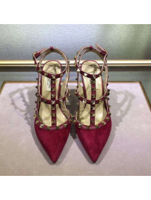 Valentino Rockstud Suede Ankle Heel Sandals Red