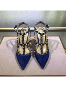 Valentino Rockstud Suede Ankle Heel Sandals Blue