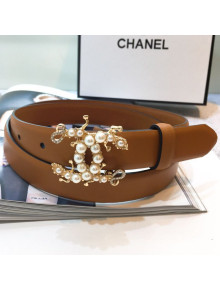 Chanel Leather Belt with Pearls CC Buckle 25mm Brown