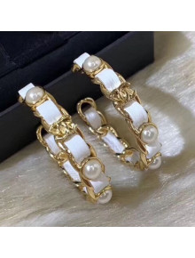 Chanel Leather and Chain Hoop Earrings AB2674 White 2019