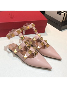 Valentino Roman Stud Lambskin Strap Flat Mules Nude Pink 2021