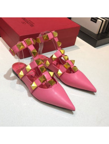 Valentino Roman Stud Lambskin Strap Flat Mules Hot Pink 2021