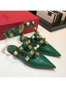 Valentino Roman Stud Lambskin Strap Flat Mules Green 2021