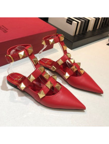 Valentino Roman Stud Lambskin Strap Flat Mules Red 2021