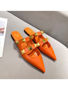 Valentino Roman Stud Calfskin Flat Mules Orange 2021