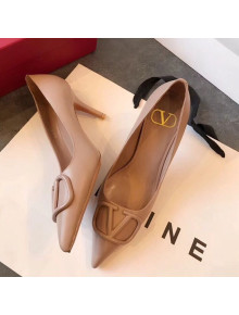 Valentino VLogo Calfskin Pointed Toe Mid-Heel Pump Nude 2019