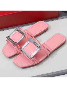 Roger Vivier Calfskin Square Buckle Flat Slide Sandals Pink 2021