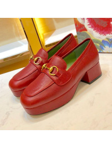 Gucci Leather Platform Loafer with Horsebit 565365 Red 2019