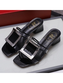 Roger Vivier Calfskin Square Buckle Heel Slide Sandals Black 2021