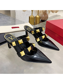 Valentino Roman Stud Calfskin Heel Mules with Sculpted Strap Black 2020