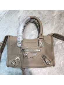 Balenciaga Classic Nano City Bag in Goatskin and Silver Hardware Khaki Grey