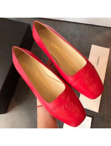 Chanel Lambskin Square Top Open Flat Ballerinas Red 2019