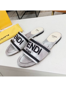 Fendi Flat Slide Sandals in Silver Embroidered Silk with Braid Charm 2020