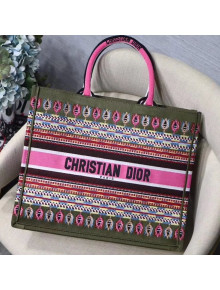 Dior Book Tote in Embroidered Canvas Green/Pink 2019