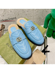 Gucci Leather Shearling Slippers with Double G Blue 2021 111633