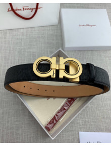 Ferragamo Gancini Reversible Litchi-Calfskin Belt 3.5cm with Logo Buckle Black 2021 08