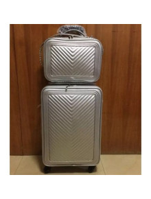 Chanel Chevron Trolley Luggage Bag Silver 2018