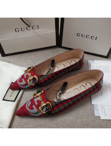 Gucci Houndstooth and Stripe Ballet Flat with Horsebit Red/Green 2021