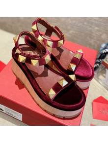 Valentino Roman Stud Velvet Wedge Sandals Burgundy 2021