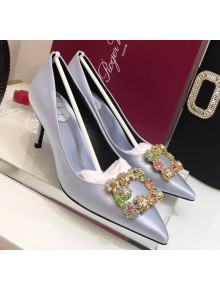 Roger Vivier Silk Flower Strass Pumps With 7cm Heel Grey-Blue 2020