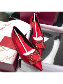 Roger Vivier Flower Strass Buckle Ballerinas in Silk Satin Red 2020