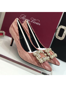 Roger Vivier Strips Velvet Flower Strass Pumps With 7cm Heel Pink 2020