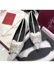 Roger Vivier Flower Strass Buckle Ballerinas in Glitter Fabric Silver 2020