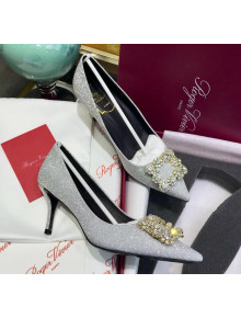 Roger Vivier Glitter Fabric Flower Strass Pumps With 7cm Heel Silver 2020