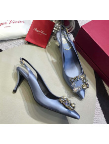 Roger Vivier Silk Flower Strass Buckle Sling Back Pump With 7cm Heel Light Blue 2020