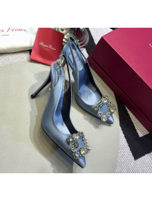 Roger Vivier Silk Flower Strass Buckle Sling Back Pump With 10cm Heel Light Blue 2020