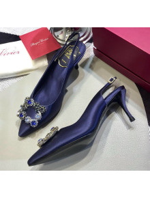 Roger Vivier Silk Flower Strass Buckle Sling Back Pump With 7cm Heel Royal Blue 2020