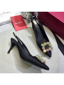 Roger Vivier Silk Flower Strass Buckle Sling Back Pump With 7cm Heel Black/Multicolor Cystal 2020