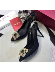 Roger Vivier Silk Flower Strass Buckle Sling Back Pump With 10cm Heel Black/Multicolor Cystal 2020