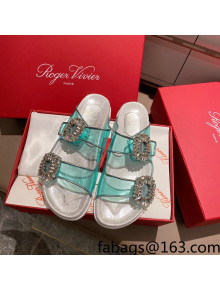 Roger Vivier Double Buckle Transparent Flat Slide Sandals Blue 2021