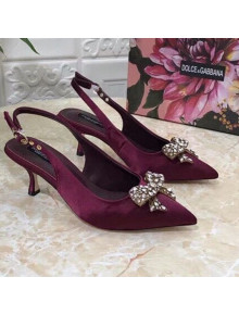 Dolce&Gabbana DG Silk Crystal Bow Slingback Pumps 6.5cm Burgundy 2021