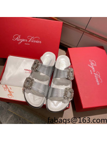 Roger Vivier Double Buckle Leather Flat Slide Sandals Silver 2021