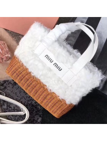 Miu Miu Shearling & Wicker Handbag 5BA076 White 2018